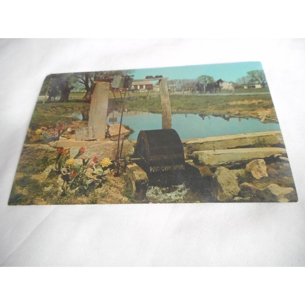 Vintage 1960s Postcard Pennsylvania Dutch country water wheel pump Amish Farm